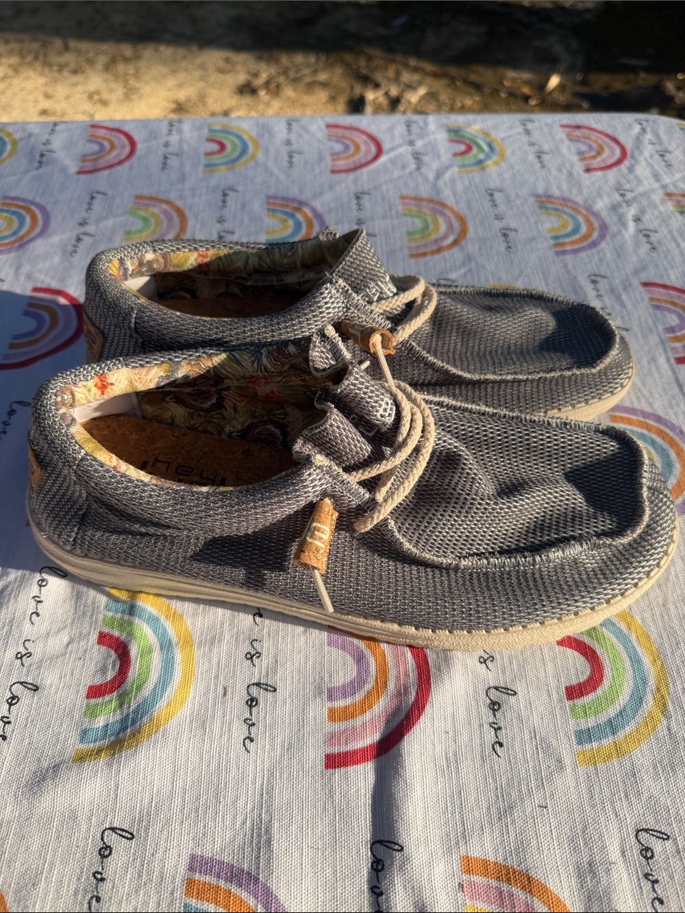 Hey Dude Men's Gray Knit Boat Shoes with Floral Lining and Tan Accents